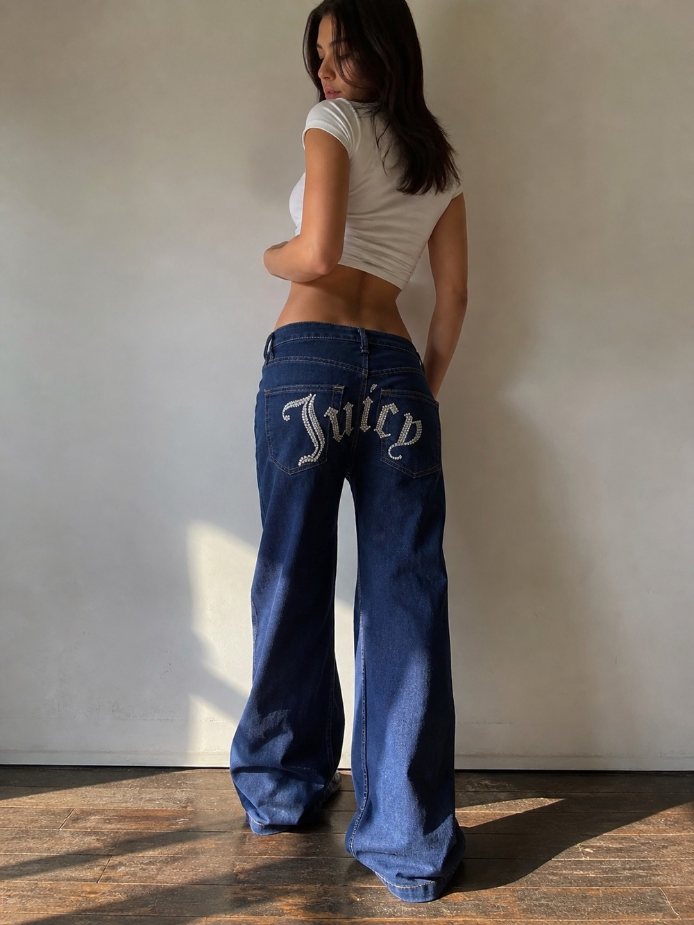 Juicy Couture Dark Blue Rhinestone Logo Wide Leg Jeans